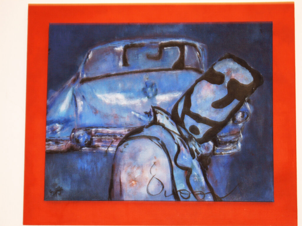 blauw schilderij met man en auto